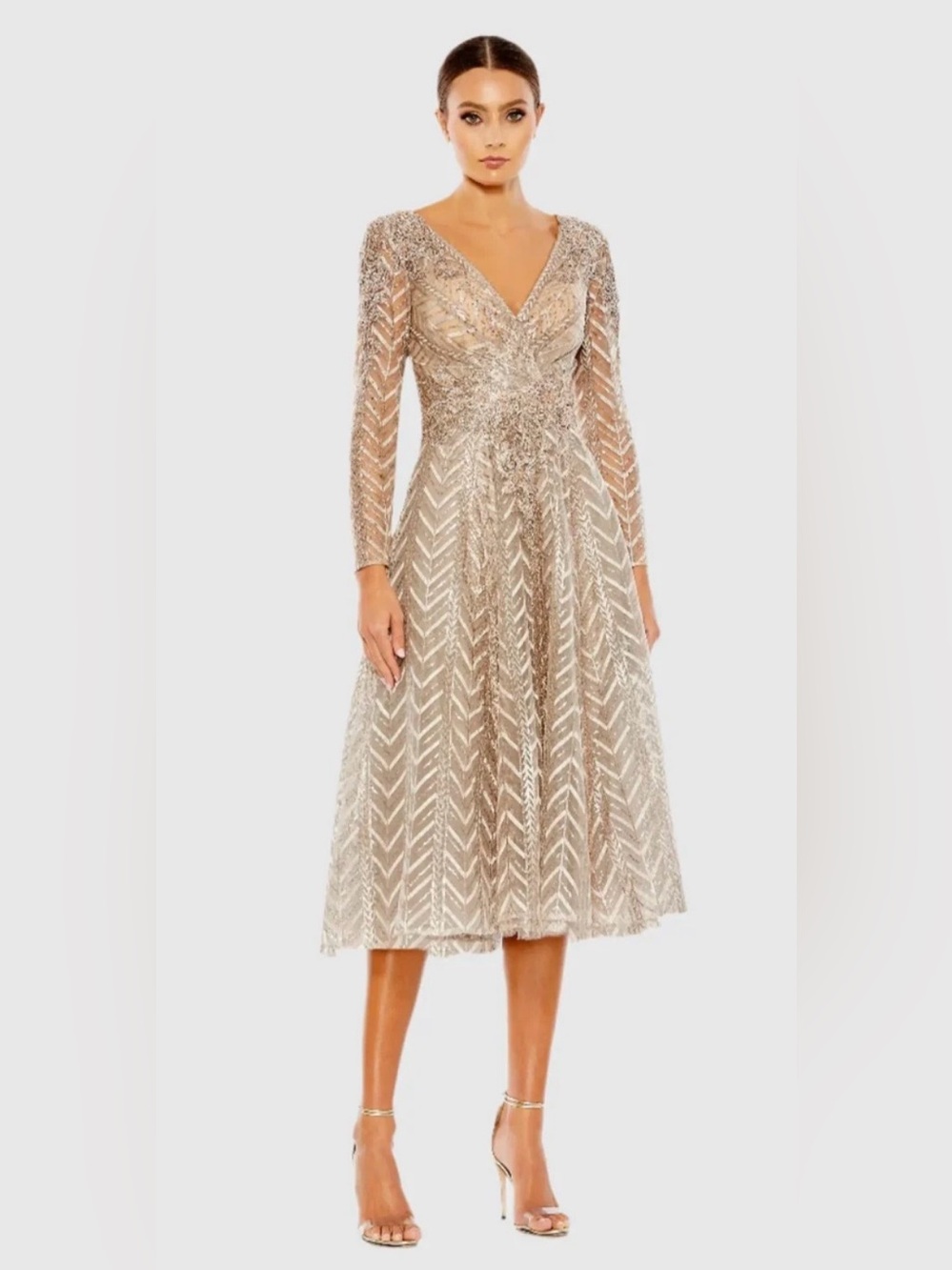 Mac Duggal Taupe Sequin Embellished Long Sleeve Wrap Dress